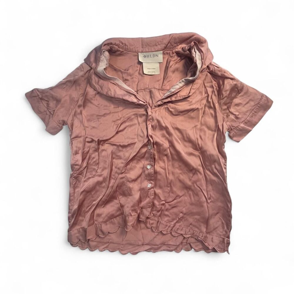 BHLDN Pink Satin Pajama Blouse Women’s Size S Ruffled Hem Luxe Sleepwear